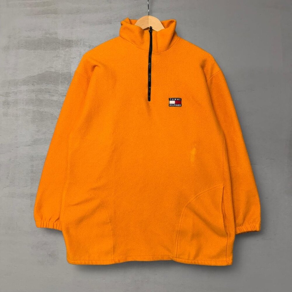 Vintage Tommy Hilfiger y2k Orange 1/4‎ Zip Fleece Pullover Sweater XL